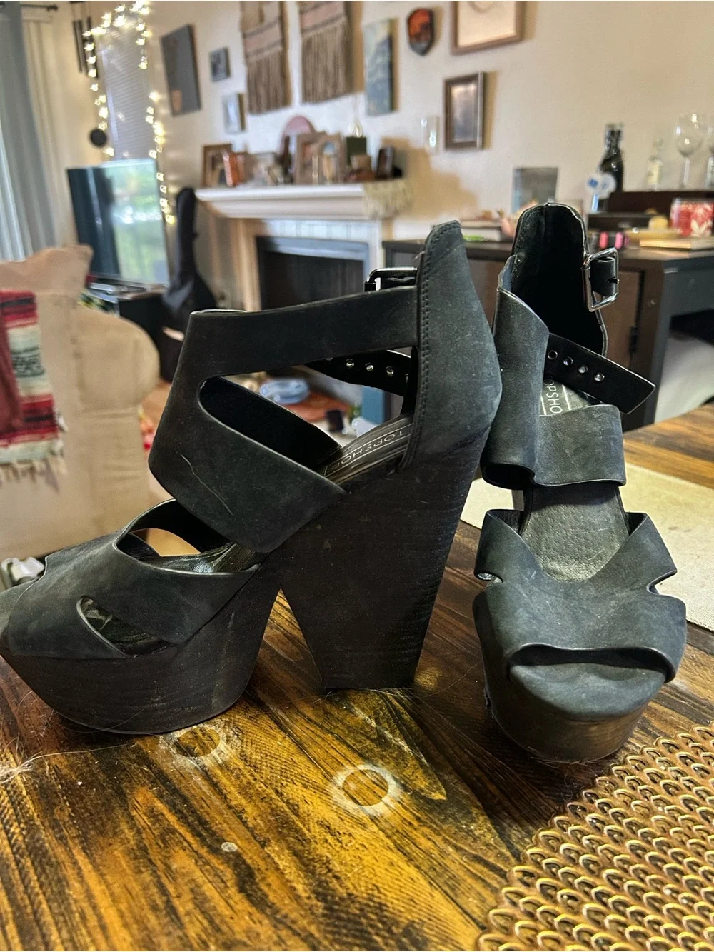 Topshop Black Platform Ankle-Strap Sandals